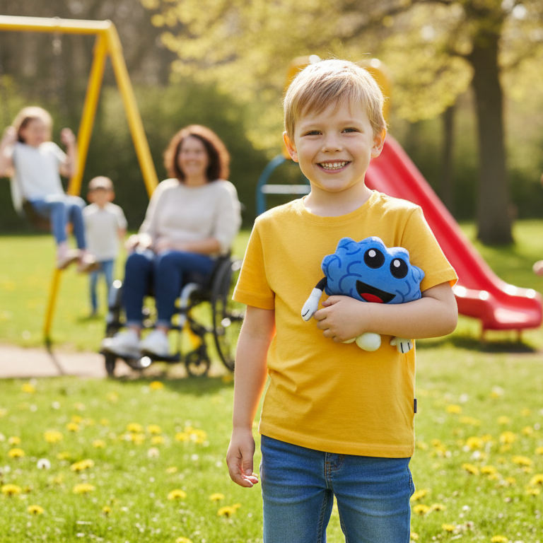 Kids playing at park with compact Hope Mascot Plushie